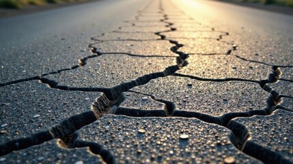 Poster - Sunlit Pavement's Textured Surface with Cracks and Dewdrops Revealing a Detailed Close-Up View