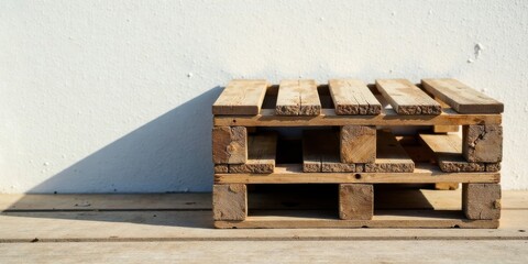 Aufkleber - Rustic Wooden Pallet Structure, a Miniature Architectural Model of Sustainable Design, Showcasing Natural Wood Grain and Textured Surfaces, in Soft Sunlight Against a Light Wall Background