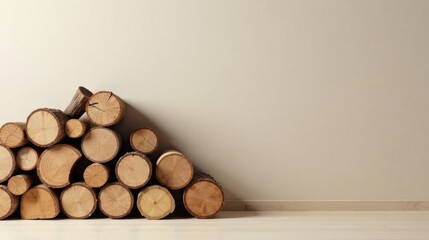 Poster - A neatly stacked pile of rustic wood logs rests against a minimalist off-white wall, showcasing natural textures and simple elegance