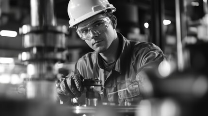 Wall Mural - factory worker wearing a hard hat and safety gear, operating machinery