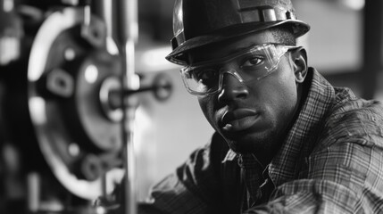 Wall Mural - factory worker wearing a hard hat and safety gear, operating machinery