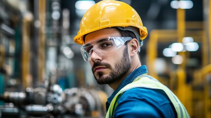 Wall Mural - factory worker wearing a hard hat and safety gear, operating machinery