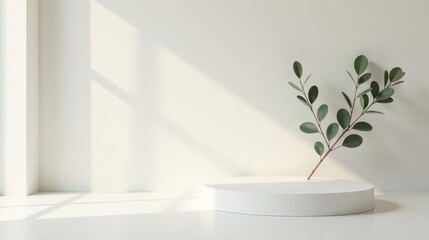 Leinwandbilder - Serene Minimalist Product Display Featuring a Branch with Lush Green Foliage on a White Circular Pedestal Against a Sunlit Wall