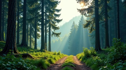 Poster - Sunbeams Illuminate a Forest Path Leading Through Lush Greenery and Tall Trees