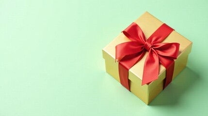 Aufkleber - A luxurious gold gift box adorned with a vibrant red ribbon, perfect for a special occasion.