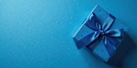 Aufkleber - A single wrapped present with a vibrant blue satin ribbon, resting on a speckled blue background, symbolizes celebration and anticipation