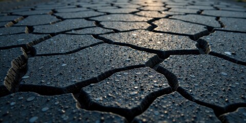 Aufkleber - Dark Interlocking Pavement, Wet from Recent Rain, Showing Detailed Texture and Subtle Light Reflections