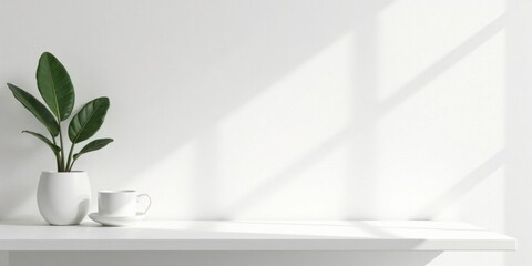 Fototapete - Serene Minimalist White Shelf with Greenery and Coffee Cup, Perfect for Product Display or Interior Design Inspiration