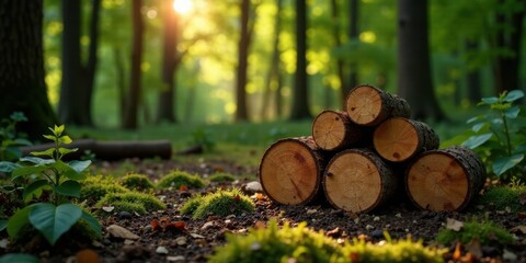Aufkleber - Golden sunlight filters through the trees, illuminating a neatly stacked pile of freshly cut logs resting on a mossy forest floor.