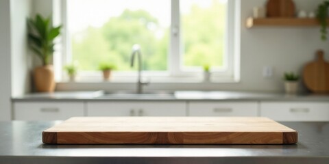 Poster - A Clean Wooden Cutting Board on a Stainless Steel Countertop in a Bright Kitchen
