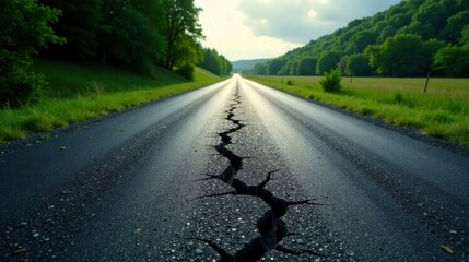 Poster - A cracked asphalt road stretches ahead, flanked by verdant meadows and a tranquil forest under a partly cloudy sky