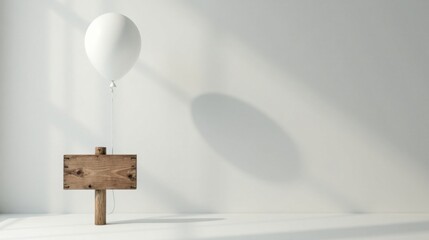 Fototapete - A Minimalist Scene Featuring a White Balloon Tethered to a Rustic Wooden Sign Against a Plain White Wall, Bathed in Soft Sunlight