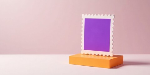 Poster - A purple square on a white perforated rectangle rests atop a small orange block against a pale pink backdrop