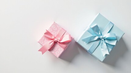 Aufkleber - Pastel Presents Delicate Pink and Light Blue Gift Boxes with Satin Ribbons on a White Background