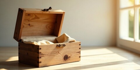 Aufkleber - A rustic wooden box sits open, lined with a soft fabric, bathed in warm sunlight streaming through a nearby window, awaiting its contents.