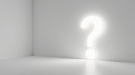 Poster - Illuminated Question Mark in a Sterile White Room Representing Uncertainty and Inquiry