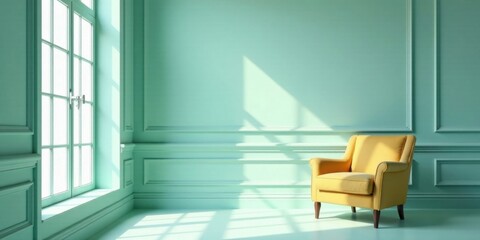 Aufkleber - Serene Yellow Armchair in a Light Green Room with Sunlight Streaming Through a Window