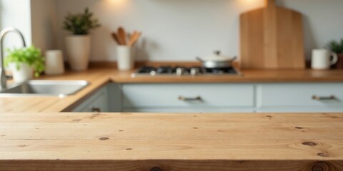 Poster - Light Wood Kitchen Countertop with Blurred Background of Modern Kitchen Appliances and Decor
