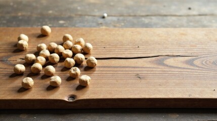 Poster - A scattering of pale beige, round seeds rests on a rustic, light brown wooden board, bathed in soft natural light.