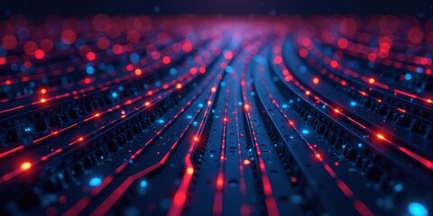 Fototapete - Abstract Futuristic Technology Network Showing Data Flow and Connections with Glowing Red and Blue Lines