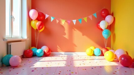 Poster - A cheerful room decorated for a festive celebration, featuring colorful balloons and celebratory bunting, scattered confetti adding to the joyous atmosphere