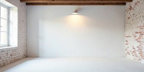Fototapete - Empty Room with White Walls, Exposed Beams, and Brick Accent Wall, Ideal for Interior Design Presentations
