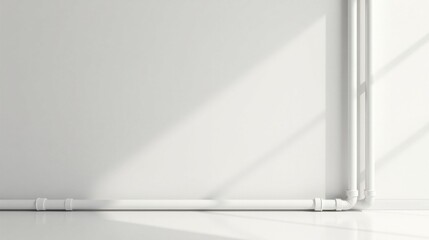 Poster - Minimalist Interior Design White Pipes Against a Blank Wall with Sunlight Streaming Through a Window