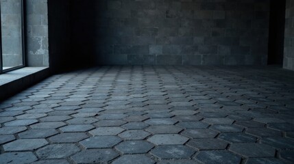 Aufkleber - A dimly lit interior space features a hexagonal stone tile floor and a gray block wall, sunlight streaming through a large window to the left.
