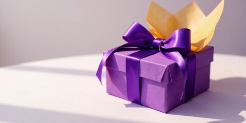 Aufkleber - A luxuriously wrapped purple gift box with a satin ribbon and delicate tissue paper, bathed in sunlight on a minimalist surface.