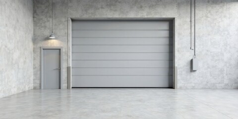 Fototapete - Industrial Space Minimalist Concrete Interior with Large Roll-Up Door and Single Doorway