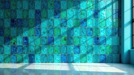 Poster - Sunlit Room with Vibrant Teal and Aqua Glass Tile Wall