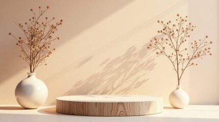 Aufkleber - Serene Minimalist Display with Wooden Pedestal and Dried Flowers in Ceramic Vases