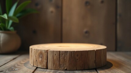 Poster - Rustic Wooden Display Stand with Natural Plant Accents Perfect for Product Showcases or Lifestyle Photography