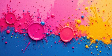 Aufkleber - Vibrant Splashes of Pink, Yellow, and Blue Paint with Colorful Beads Creating a Dynamic and Energetic Abstract Composition