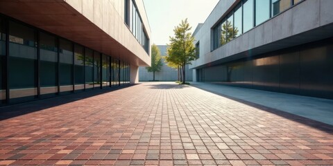 Poster - Modern Architectural Design Sunlit Courtyard Between Two Elegant Buildings with Brick Pavement