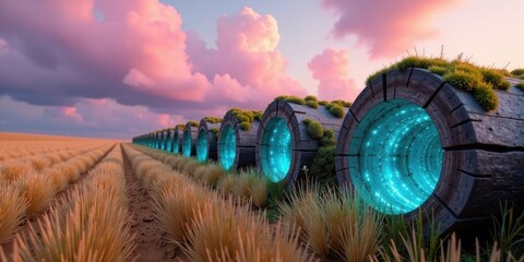 Poster - Enigmatic Wooden Cylinders Illuminate a Serene Rural Landscape at Sunset