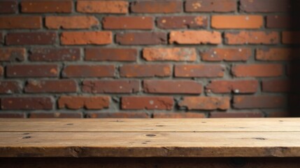Poster - Rustic Wooden Tabletop Against a Blurred Brick Wall Background, Ideal for Product Displays or Mockups.