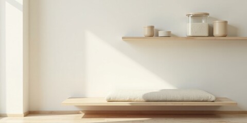 Aufkleber - Serene Minimalist Interior Design Featuring a Light Beige Cushion on a Wooden Bench and a Wooden Shelf with Neutral-toned Containers