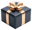 © Pro Hi-Res - Elegant black gift box with golden ribbon and bow isolated on transparent background.