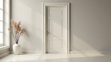 Aufkleber - Serene Minimalist Interior Featuring a Closed White Door and Dried Floral Arrangement in a Vase