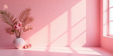 Aufkleber - Serene Pink Room with Sunlit Window and Delicate Floral Arrangement in a Simple Vase