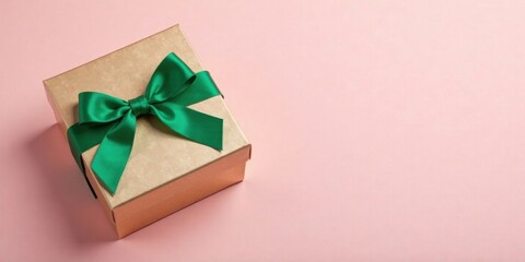 Aufkleber - A luxuriously wrapped present, a gold box tied with a vibrant green ribbon, sits elegantly on a pale pink background, perfect for celebratory occasions.