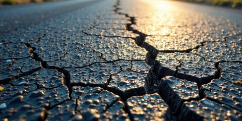 Aufkleber - Cracked Asphalt Surface at Sunset A Detailed View of Textured Pavement Showing Deep Fissures and Water Droplets Reflecting Golden Light