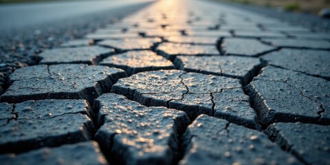 Aufkleber - A sunlit road's cracked asphalt surface, revealing a detailed texture of polygonal fissures and shimmering moisture