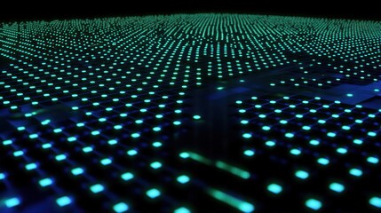 Abstract Digital Landscape: A mesmerizing array of glowing teal lights forming a grid-like pattern, evoking a sense of futuristic technology and boundless space.