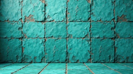 Poster - A teal-toned room with distressed square tiles on the walls and floor, showing signs of age and wear, creating a vintage aesthetic