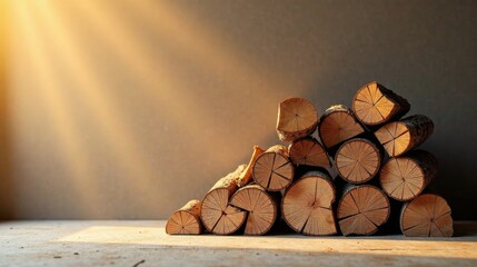 Leinwandbilder - Golden Sunlight Illuminates a Stack of Rustic Wood Logs, Creating a Warm and Inviting Atmosphere