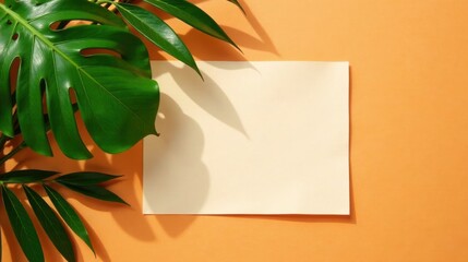 Poster - Tropical Leaf and Blank Notecard Arrangement on a Peach Background A Summery Minimalist Design Concept