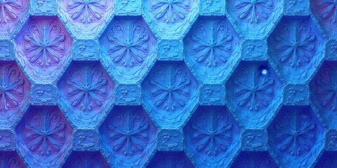 Aufkleber - Intricate Hexagonal Floral Design, a Seamless Blue Pattern of Ornate Relief Work on a Textured Surface