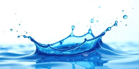 Poster - A Vibrant Blue Liquid Splashing and Creating a Stunning Crown-Shaped Wave with Tiny Droplets on a White Background